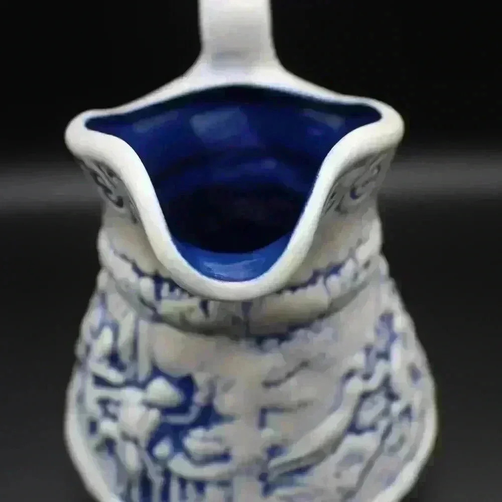 VINTAGE SIGNED CERAMIC POTTERY PITCHER JUG BLUE WASHED/RELIEF TAVERN SCENE - Picture 2 of 9